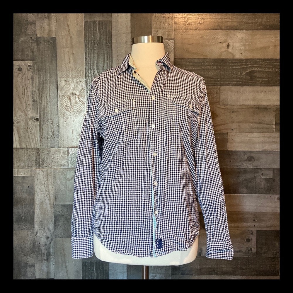 Men’s Canterbury navy white gingham button up shirt large preppy business casual
